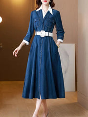 Long Mid-Calf Single Breasted Turn Down Collar Dress