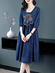 Knee Length Half Sleeve Embroidery Dress
