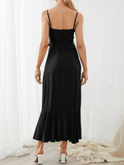 Sleeveless Backless Knotted Breasted Ruffle Hem Strap Dress