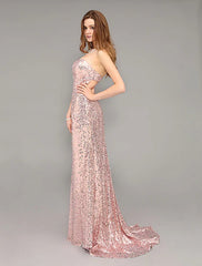 Prom Long Peach Evening Sequined Sweetheart Party Dress