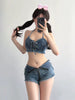 Casual Hollow Stripe Skinny Bra And Low Waist Shorts Non Stretch 2 Piece Set
