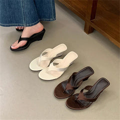 Round Clip Toe Slippers Wedges Platform Heel