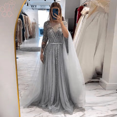 Elegant A Line Beads Sequin Long Cape Sleeves Formal Prom Wedding Party Gowns