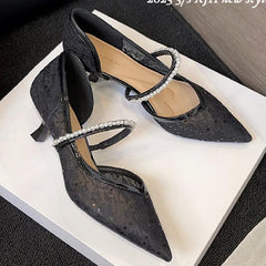 Luxury Lace Pearl Sandals High Quality Pointy Toe Thin Heel