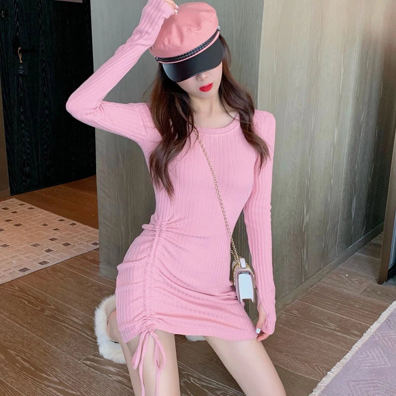 Solid Color Round Neck Drawstring Slim Knitted Dresses