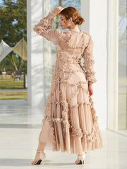 Elegant Jewel Neck Ruffles Illusion Long Sleeves High Collar Tulle Party Maxi Dresses
