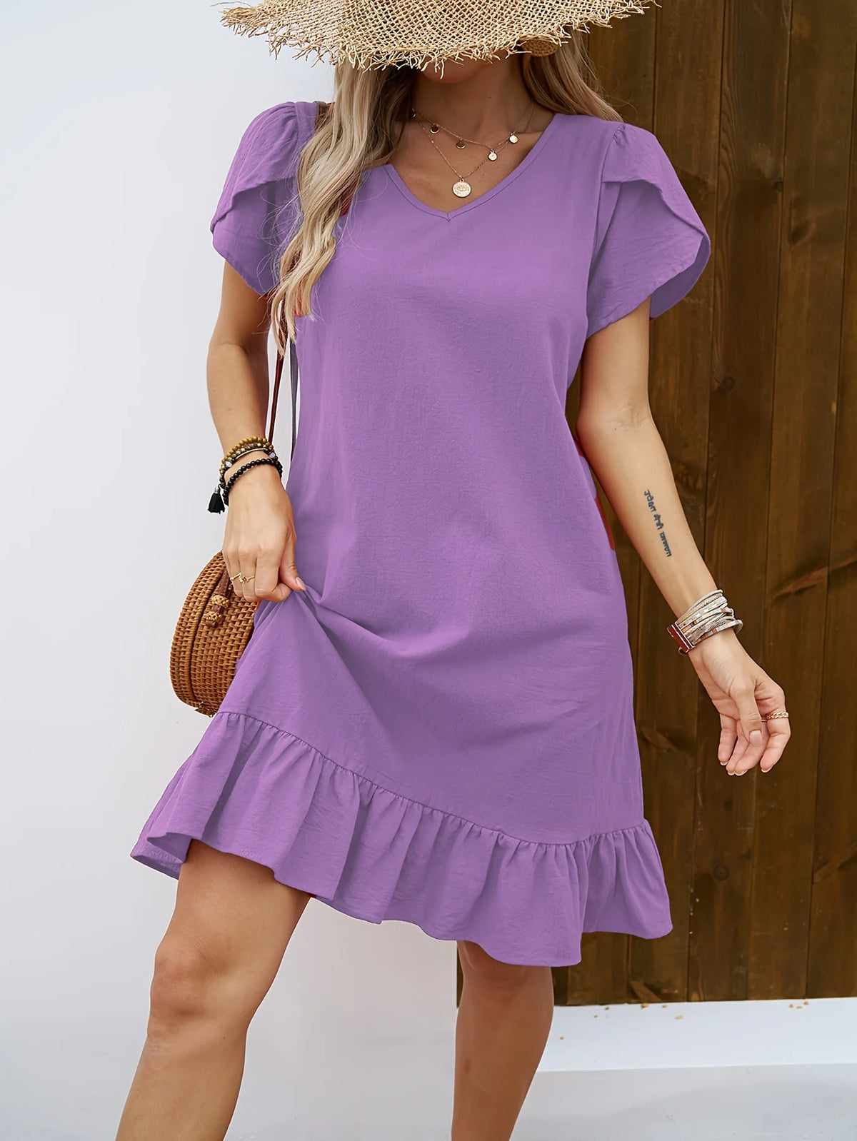 Women's V-Neck Shell Sleeve Ruffle Dress