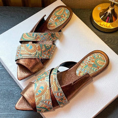 Totem Printed Design Slippers Peep Toe Slides Sandals Light Comfort Street Style Beach Flat Sandals