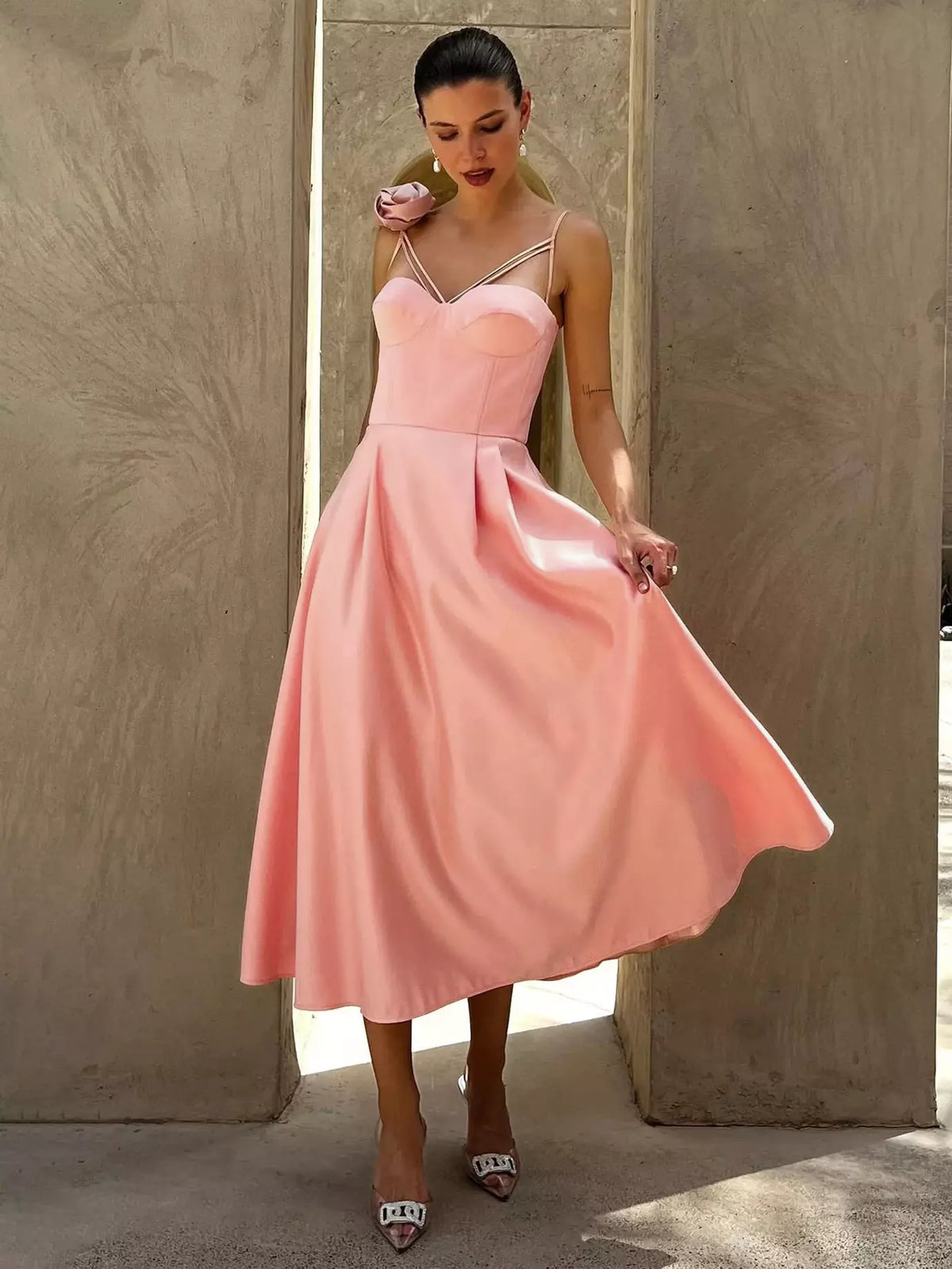 Elegant Sleeveless Heart Neckline A-Line Slip With 3D Flower Decoration Midi Dress