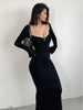 Elegant V-neck Flare Sleeves High Waist Slim Split Fish Tail Wrap Hip Long Dress