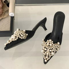 Comfortable Design String Beads Pointed Toe Mules Slippers Thin Low Heel