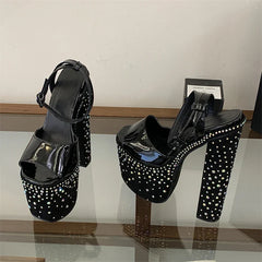 Street Style Crystal Diamond Open Toe Buckle Strap Sandals Ultra Chunky High Heel