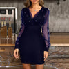 Casual O-Neck Sequins See Through Long Sleeve Wrap Hip Cocktail Mini Dress