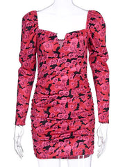 Floral Print Sweetheart Long Sleeves Buttons Sheath Bodycon Dress