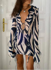 Casual Long Sleeve V-Neck Zebra Print Ruffled Bow Tie Up Mini Dress