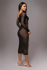 Diagonal Collar Long Sleeve Two Layer Mesh Backless Ruched Bodycon Midi Dress