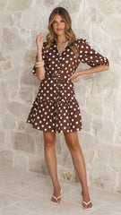 Michelle Mini Dress - Brown / White Polka Dot
