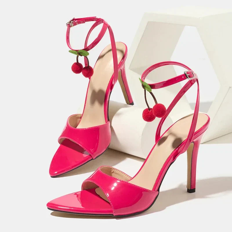 Cute Fruit Pendant Decoration Pink Ankle Strap Heel