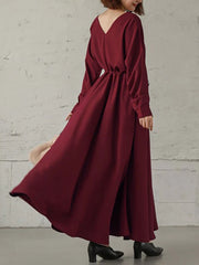 Maxi Dress V-Neck Cotton Retro Pleated Floor Length Dress