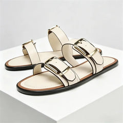 Comfortable Beige Soft Leather Flat Sandals Metal Buckle Designer Shoes