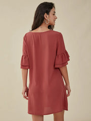 Solid Ruffle Sleeve V-neck Casual Dress