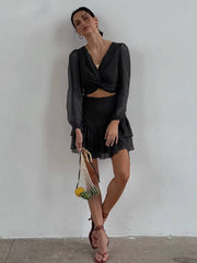 Classic Pullover Hollow Out V-Neck Long Sleeve Mini Dress