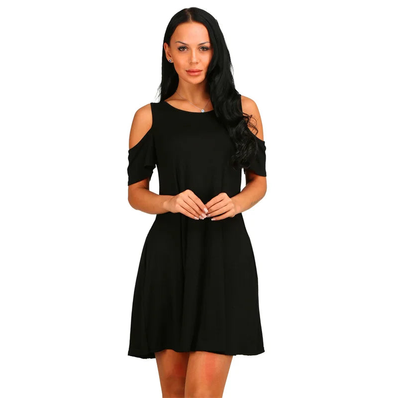 Elegant Vintage Off Shoulder Short Sleeve Loose Solid O-Neck A-Line Dress