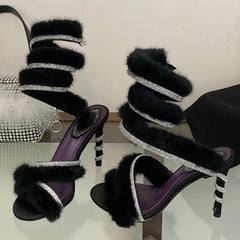 Design Corduroy Crystal Ankle Wrap Strap Sandals Thin High Heel