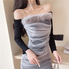Off Shoulder Long Sleeve Mesh Dress