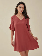 Solid Ruffle Sleeve V-neck Casual Dress