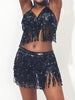 Belly Dance Top Bra Belt Latin Sequin Fringe Halter Hip Skirt Party Costume 4 Layer Tassel Two Piece Set