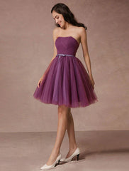 Short Tulle Strapless Homecoming Short Prom Backless Woven Cocktail Bridesmaid Dress With Sash