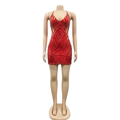 Off Shoulder Deep V Sequined Backless Night Club Dress