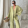 Casual Shirts Solid Pants Full Sleeve V-neck Shirt High Waist Two Piece Set