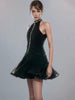 Casual Round Collar Sleeveless Waist Retraction Diamond Folds Zipper Slim Mini Dresses