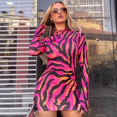 Zebra Print Striped Long Sleeved Pullover Wrap Tights Half-high Collar Mini Dress