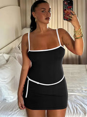 Spaghetti Strap Patchwork High Waist Vacation Party Belt Bodycon Sheath Dress