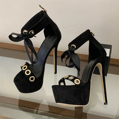 Leopard Print Hollow Out Lace-up Zipper Sandals Super Stiletto High Heel