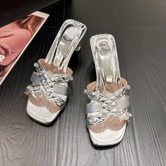 Shiny Crystal Chain Chunky Heel