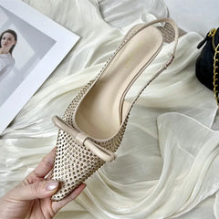 Pointed Toe Bow Back Strap Pumps Luxury Bling Rhinestone Branded Designer Shoes