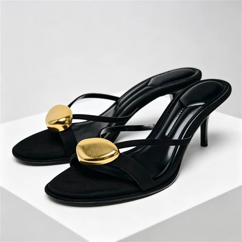 Open Toe Metal Decoration Designer Brand Sandals Black Round Toe Narrow Band Slide Sandals Comfort 42 Plus Size Shoes