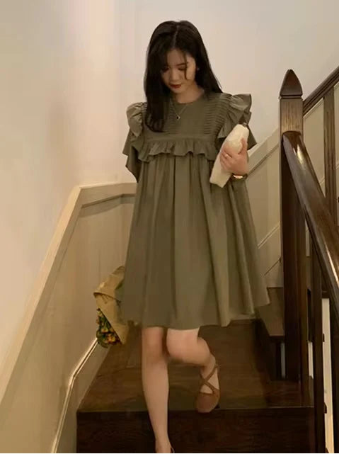 Short Petal Sleeve O-Neck Ruffles Patchwork Pleated Pregnancy Maternity Mini Dress