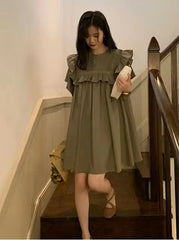 Short Petal Sleeve O-Neck Ruffles Patchwork Pleated Pregnancy Maternity Mini Dress