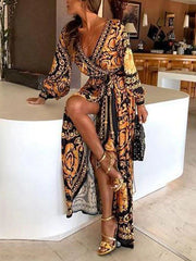Long Sleeves Printed V-Neck Slit Long Boho Maxi Dresses
