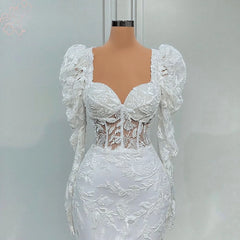 Elegant Long Puff Sleeves Lace Evening Night Dresses