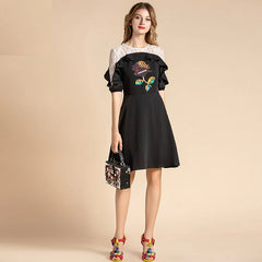Vintage Lace Patchwork Sequin Flowers Ruffles Mini Dress