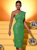 Elegant Sequin Side Slit Asymmetrical Shoulder Evening Party Cocktail MiniDress