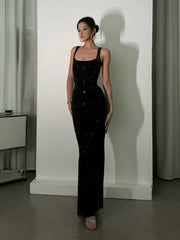 Casual Spaghetti Strap Backless Square Collar Mesh Rhinestone Patchwork Diamonds Long Maxi Dress