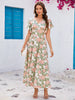 Casual Floral Print V-neck Ruffled Short Sleeve Slim-fit Swing Maxi Dress