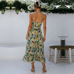 Printed Sundress V-neck Backless Dress